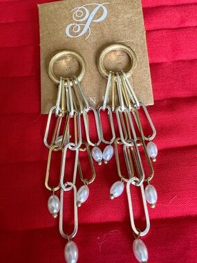 Plunder 1 pair gt and st 3” drop elong loops w/ pearls on rings, posts $ 19